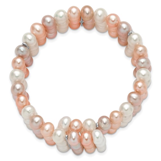 Sterling Silver RH-plated 7-8mm Multi Color FWC Pearl/CZ Flexible Bangle