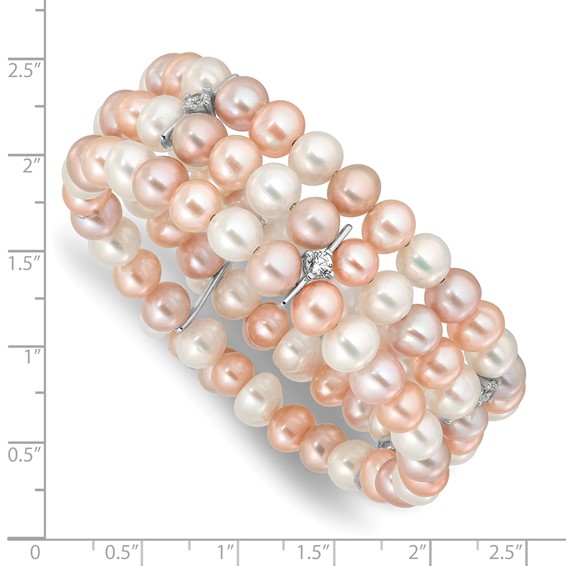 Sterling Silver RH-plated 7-8mm Multi Color FWC Pearl/CZ Flexible Bangle
