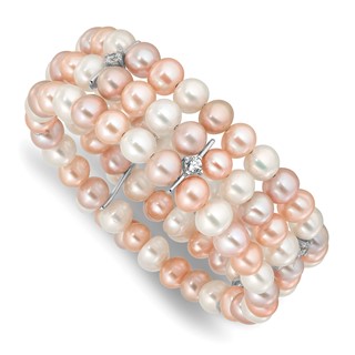 Sterling Silver RH-plated 7-8mm Multi Color FWC Pearl/CZ Flexible Bangle