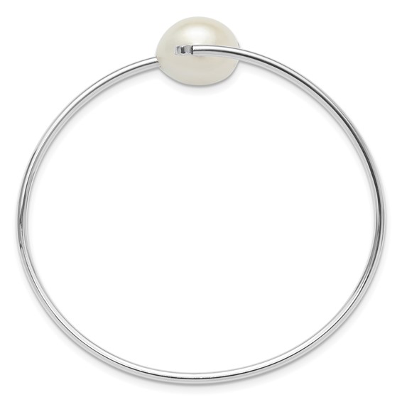 Sterling Silver Rhodium-plated 13-14mm White Freshwater Cultured Pearl and CZ Flexible Bangle
