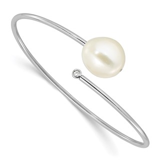 Sterling Silver Rhodium-plated 13-14mm White Freshwater Cultured Pearl and CZ Flexible Bangle