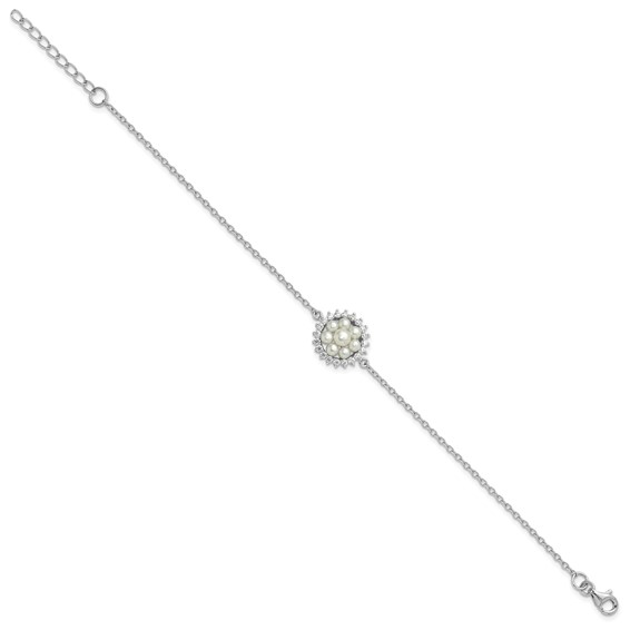 Sterling Silver RH-plated 3-5mm FWC Pearl CZ 7.25in w/1in ext Bracelet