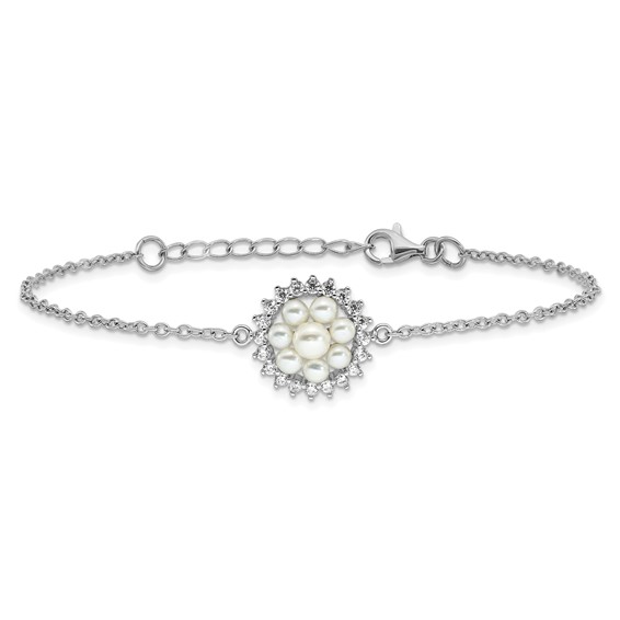 Sterling Silver RH-plated 3-5mm FWC Pearl CZ 7.25in w/1in ext Bracelet