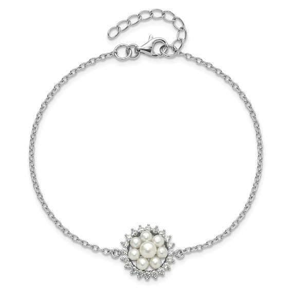 Sterling Silver RH-plated 3-5mm FWC Pearl CZ 7.25in w/1in ext Bracelet
