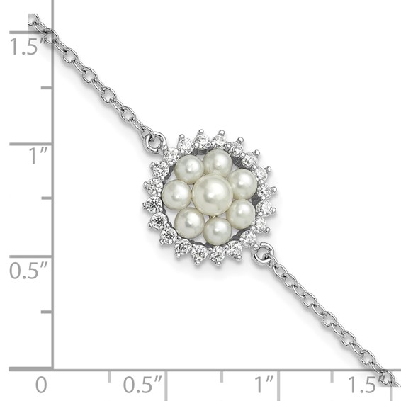 Sterling Silver RH-plated 3-5mm FWC Pearl CZ 7.25in w/1in ext Bracelet