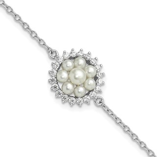 Sterling Silver RH-plated 3-5mm FWC Pearl CZ 7.25in w/1in ext Bracelet