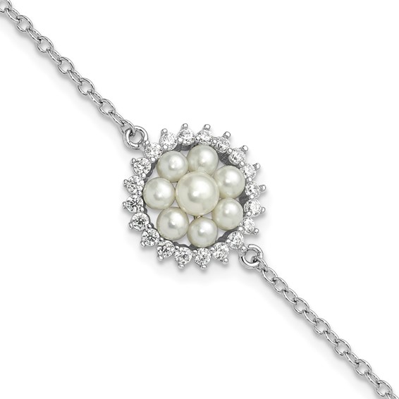 Sterling Silver RH-plated 3-5mm FWC Pearl CZ 7.25in w/1in ext Bracelet