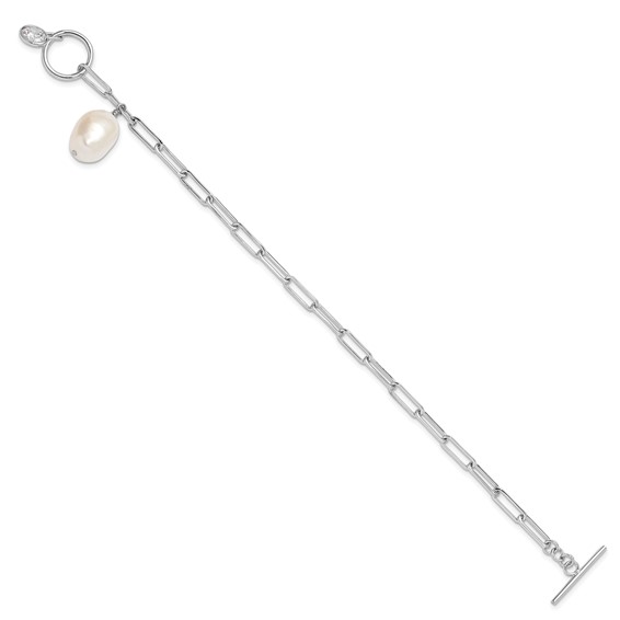 Sterling Silver Rhod-plated Paperclip CZ/FWC Pearl Toggle Bracelet