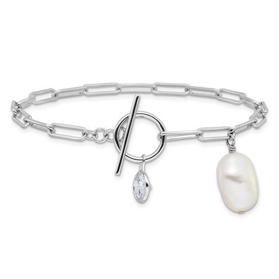 Sterling Silver Rhod-plated Paperclip CZ/FWC Pearl Toggle Bracelet