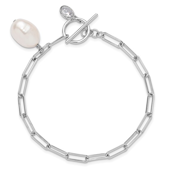 Sterling Silver Rhod-plated Paperclip CZ/FWC Pearl Toggle Bracelet