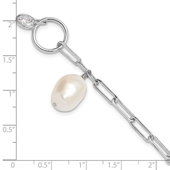 Sterling Silver Rhod-plated Paperclip CZ/FWC Pearl Toggle Bracelet