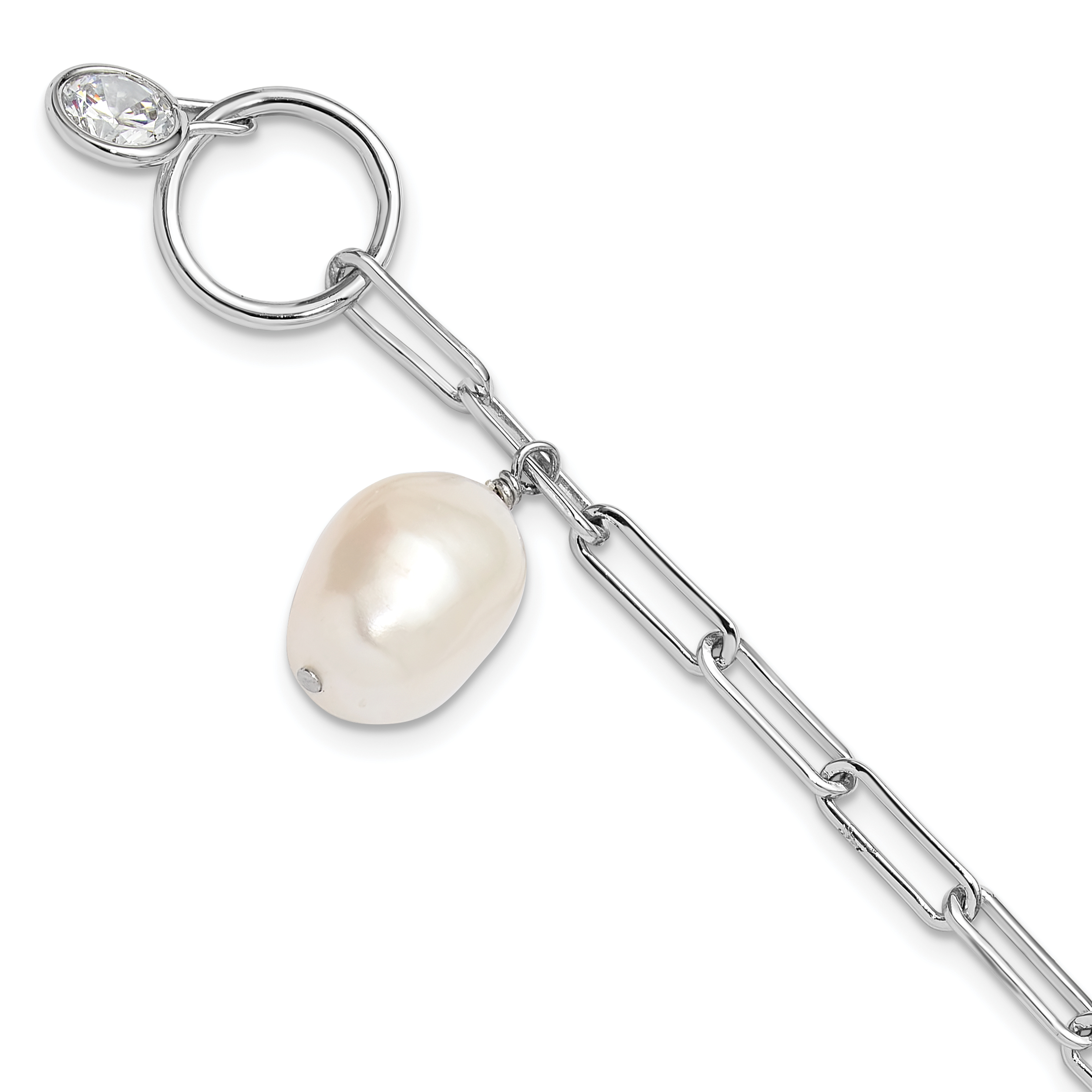 Sterling Silver Rhod-plated Paperclip CZ/FWC Pearl Toggle Bracelet (QH5768-7.5)