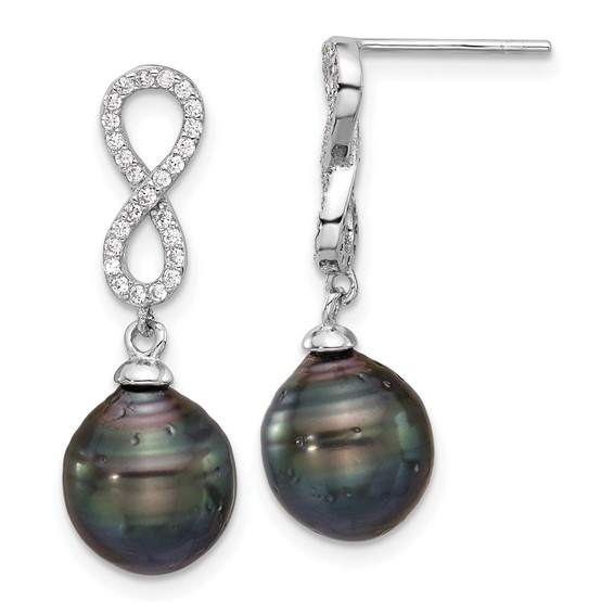 Sterling Silver Rhodium-plated 9-10mm Black Teardrop Tahitian Saltwater Cultured Pearl and CZ Infinity 16.75 inch Necklace and Post Dangle Earrings Set