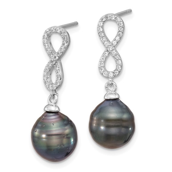 Sterling Silver Rhodium-plated 9-10mm Black Teardrop Tahitian Saltwater Cultured Pearl and CZ Infinity 16.75 inch Necklace and Post Dangle Earrings Set