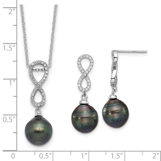 Sterling Silver Rhodium-plated 9-10mm Black Teardrop Tahitian Saltwater Cultured Pearl and CZ Infinity 16.75 inch Necklace and Post Dangle Earrings Set