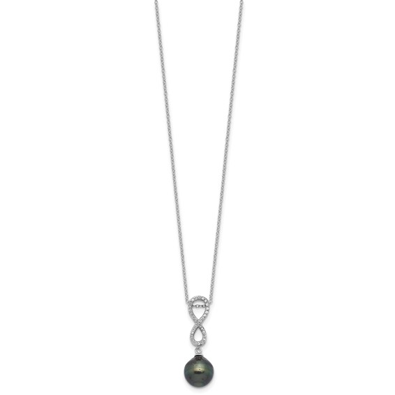 Sterling Silver Rhodium-plated 9-10mm Black Teardrop Tahitian Saltwater Cultured Pearl and CZ Infinity 16.75 inch Necklace and Post Dangle Earrings Set