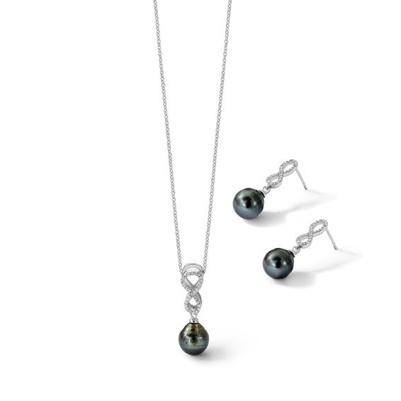Sterling Silver Rhodium-plated 9-10mm Black Teardrop Tahitian Saltwater Cultured Pearl and CZ Infinity 16.75 inch Necklace and Post Dangle Earrings Set