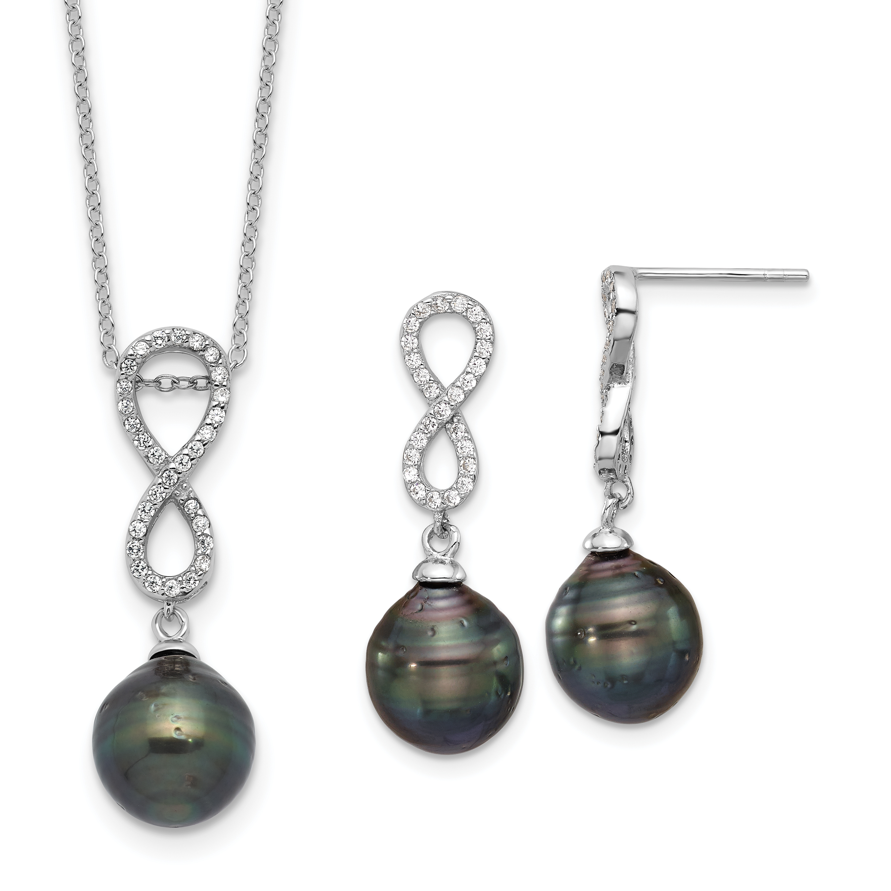 Sterling Silver Rhodium-plated 9-10mm Black Teardrop Tahitian Saltwater Cultured Pearl and CZ Infinity 16.75 inch Necklace and Post Dangle Earrings Set (QH5770SET)