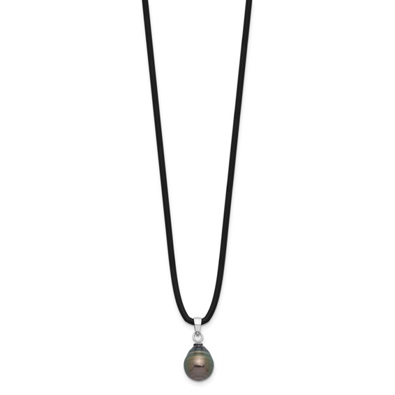 Sterling Silver Rhodium-plated 9-10mm Black Teardrop Tahitian Saltwater Cultured Pearl 18 inch Black Silicone Necklace