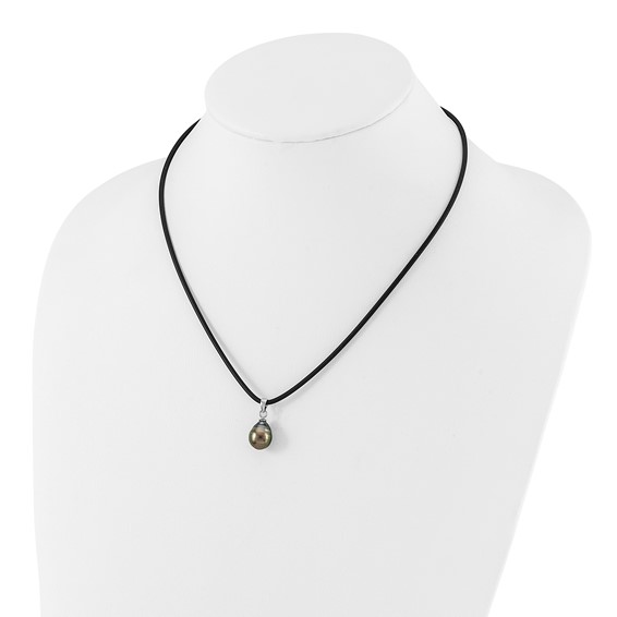 Sterling Silver Rhodium-plated 9-10mm Black Teardrop Tahitian Saltwater Cultured Pearl 18 inch Black Silicone Necklace