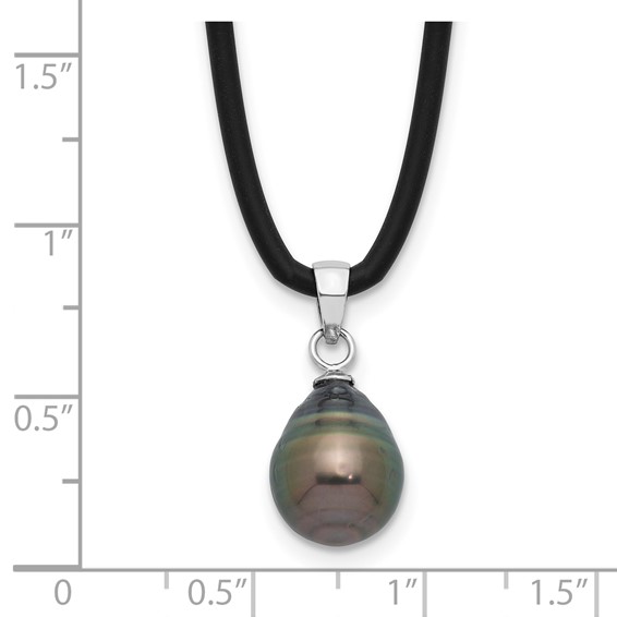 Sterling Silver Rhodium-plated 9-10mm Black Teardrop Tahitian Saltwater Cultured Pearl 18 inch Black Silicone Necklace