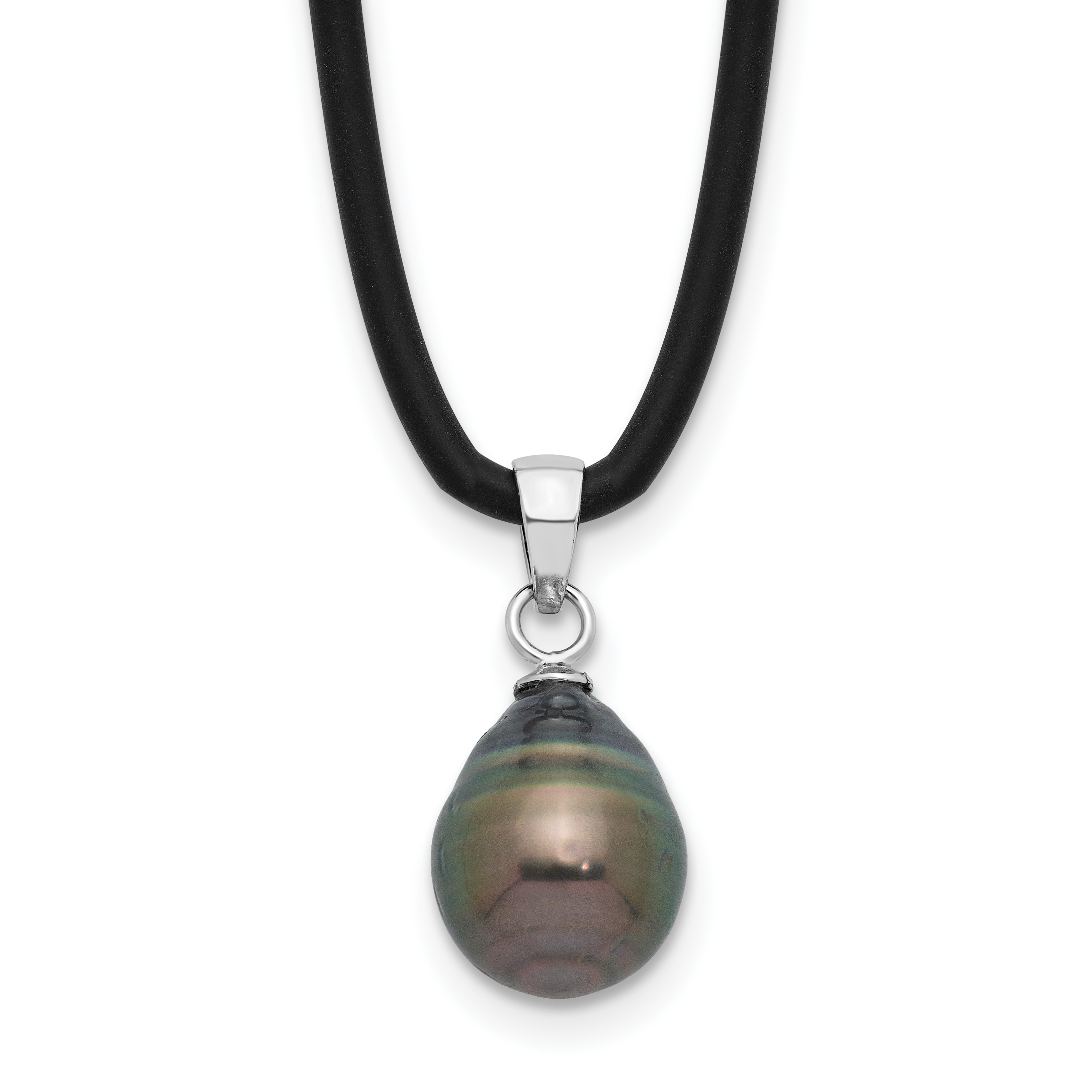 Sterling Silver Rhodium-plated 9-10mm Black Teardrop Tahitian Saltwater Cultured Pearl 18 inch Black Silicone Necklace (QH5772-18)