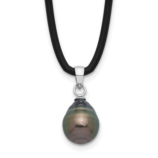 Sterling Silver Rhodium-plated 9-10mm Black Teardrop Tahitian Saltwater Cultured Pearl 18 inch Black Silicone Necklace