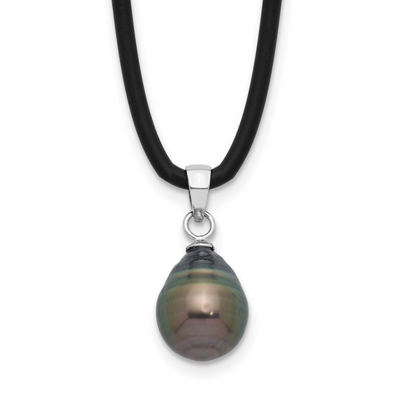 Sterling Silver Rhodium-plated 9-10mm Black Teardrop Tahitian Saltwater Cultured Pearl 18 inch Black Silicone Necklace