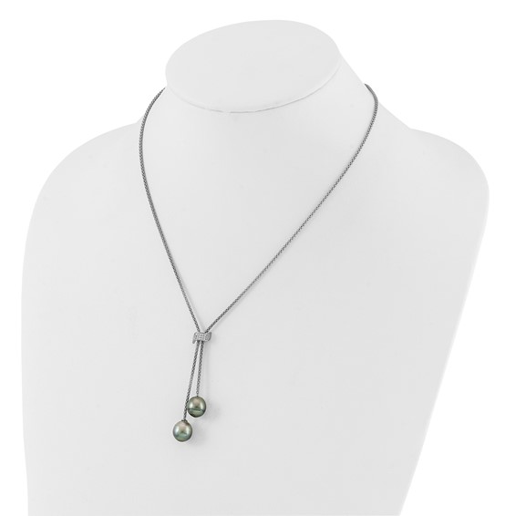 Sterling Silver Rhodium-plated 7-8mm Black Teardrop Tahitian Saltwater Cultured Pearl and CZ Dangle 18 inch with 2 inch Extension Necklace