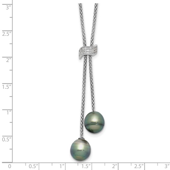 Sterling Silver Rhodium-plated 7-8mm Black Teardrop Tahitian Saltwater Cultured Pearl and CZ Dangle 18 inch with 2 inch Extension Necklace