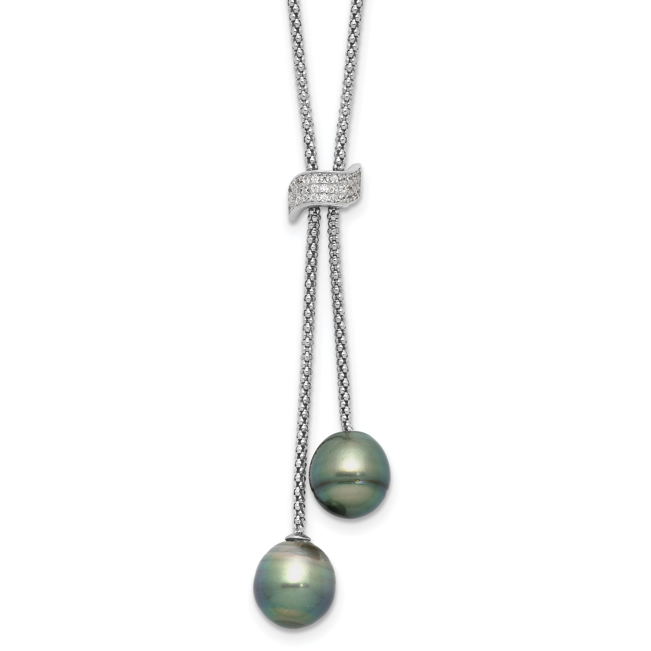 Sterling Silver Rhodium-plated 7-8mm Black Teardrop Tahitian Saltwater Cultured Pearl and CZ Dangle 18 inch with 2 inch Extension Necklace (QH5773-18)