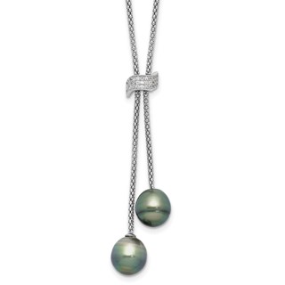 Sterling Silver Rhodium-plated 7-8mm Black Teardrop Tahitian Saltwater Cultured Pearl and CZ Dangle 18 inch with 2 inch Extension Necklace