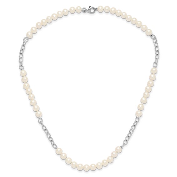 Sterling Silver Rhodium-plated 6-8mm White Near-Round Freshwater Cultured Pearl 18 inch Necklace and Post Earrings Set