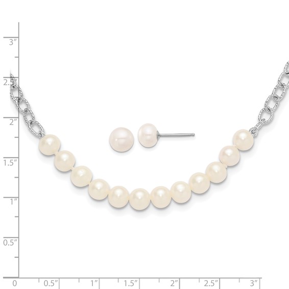 Sterling Silver Rhodium-plated 6-8mm White Near-Round Freshwater Cultured Pearl 18 inch Necklace and Post Earrings Set
