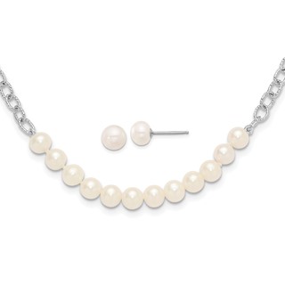Sterling Silver Rhodium-plated 6-8mm White Near-Round Freshwater Cultured Pearl 18 inch Necklace and Post Earrings Set