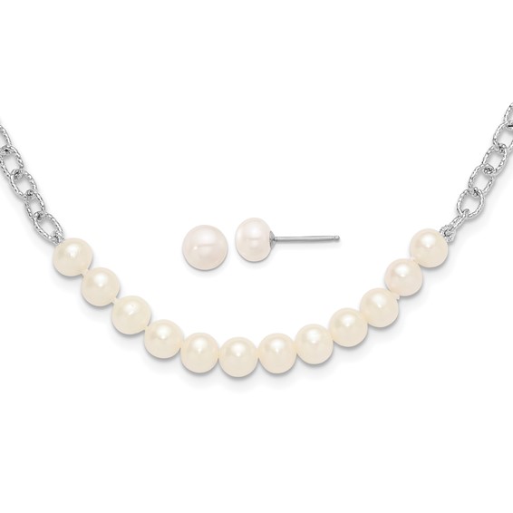 Sterling Silver Rhodium-plated 6-8mm White Near-Round Freshwater Cultured Pearl 18 inch Necklace and Post Earrings Set