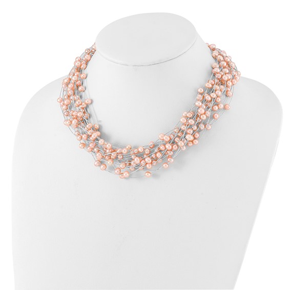 Sterling Silver Rhodium-plated 5-5.5mm Pink Semi-Round Freshwater Cultured Pearl Multi Strand 18 inch Necklace