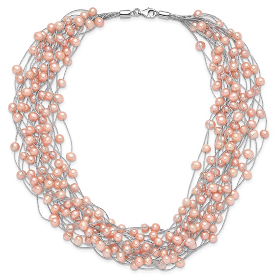 Sterling Silver Rhodium-plated 5-5.5mm Pink Semi-Round Freshwater Cultured Pearl Multi Strand 18 inch Necklace