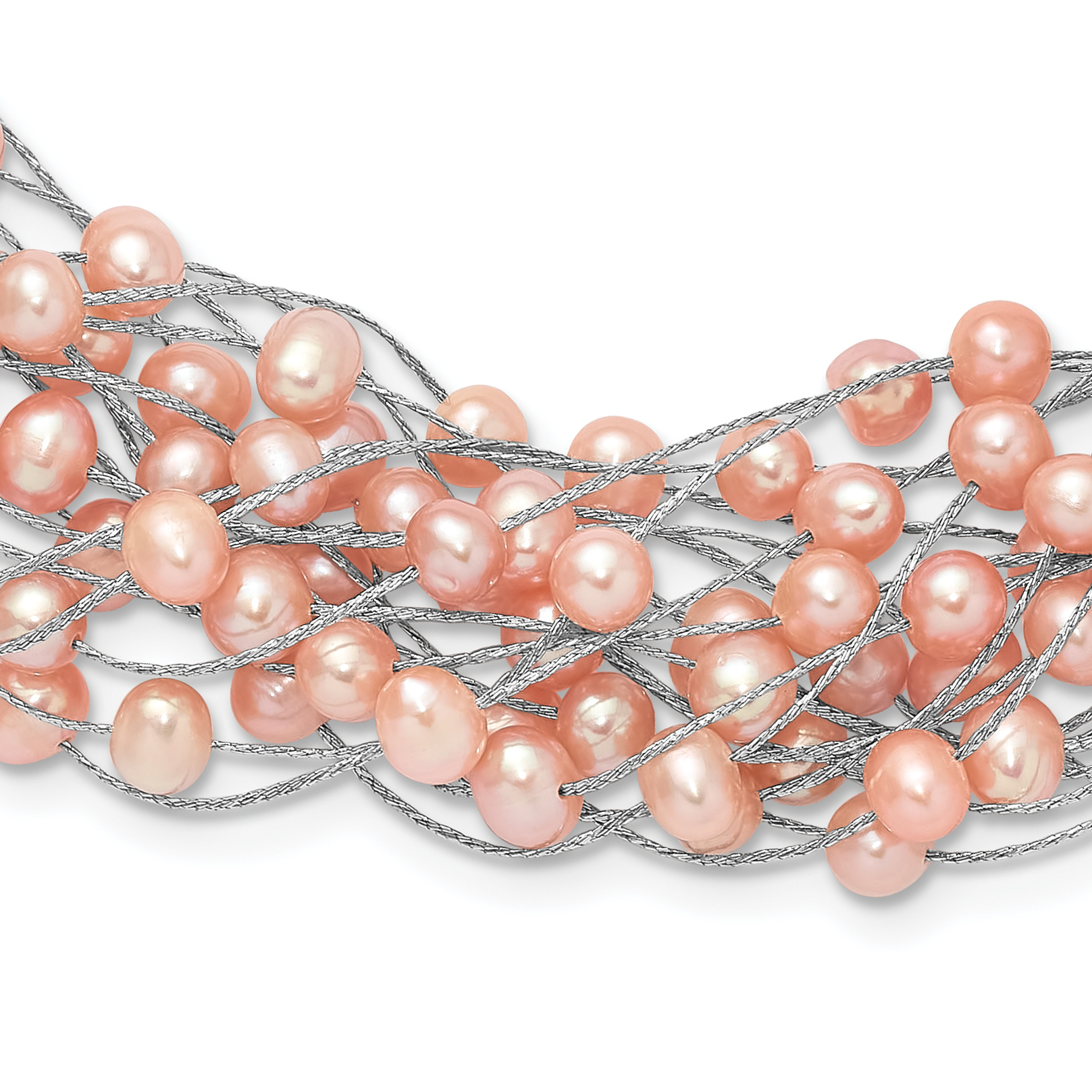 Sterling Silver Rhodium-plated 5-5.5mm Pink Semi-Round Freshwater Cultured Pearl Multi Strand 18 inch Necklace (QH5782-18)