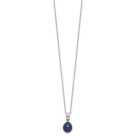 Sterling Silver Rhodium-plated 8-9mm Black Teardrop Freshwater Cultured Pearl and CZ 17 inch Necklace