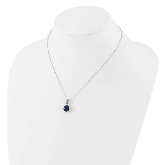 Sterling Silver Rhodium-plated 8-9mm Black Teardrop Freshwater Cultured Pearl and CZ 17 inch Necklace