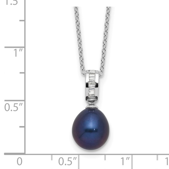 Sterling Silver Rhodium-plated 8-9mm Black Teardrop Freshwater Cultured Pearl and CZ 17 inch Necklace