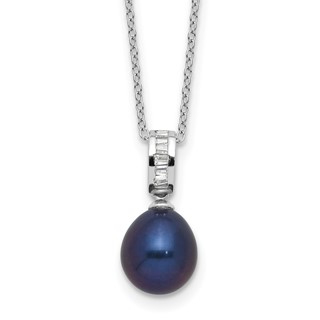 Sterling Silver Rhodium-plated 8-9mm Black Teardrop Freshwater Cultured Pearl and CZ 17 inch Necklace
