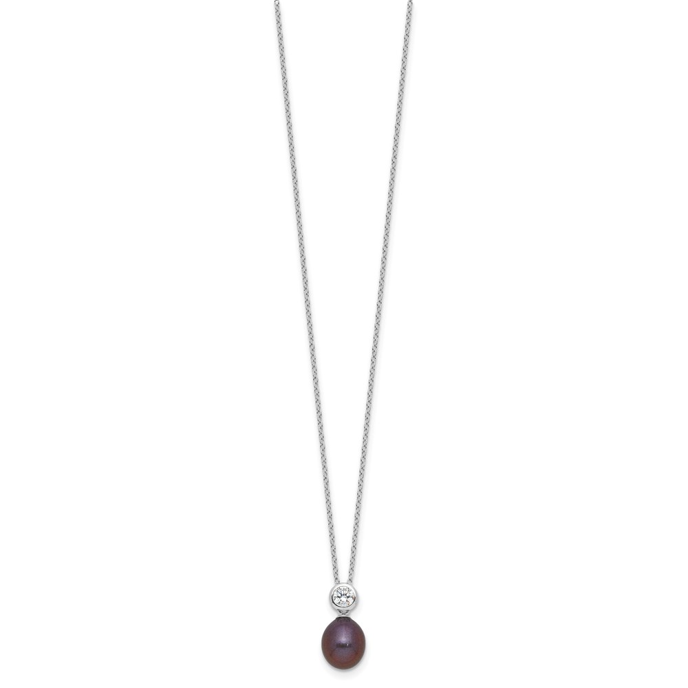 Sterling Silver Rhodium-plated 7-8mm Black Rice Freshwater Cultured Pearl and CZ 17 inch Necklace (QH5785B-17)
