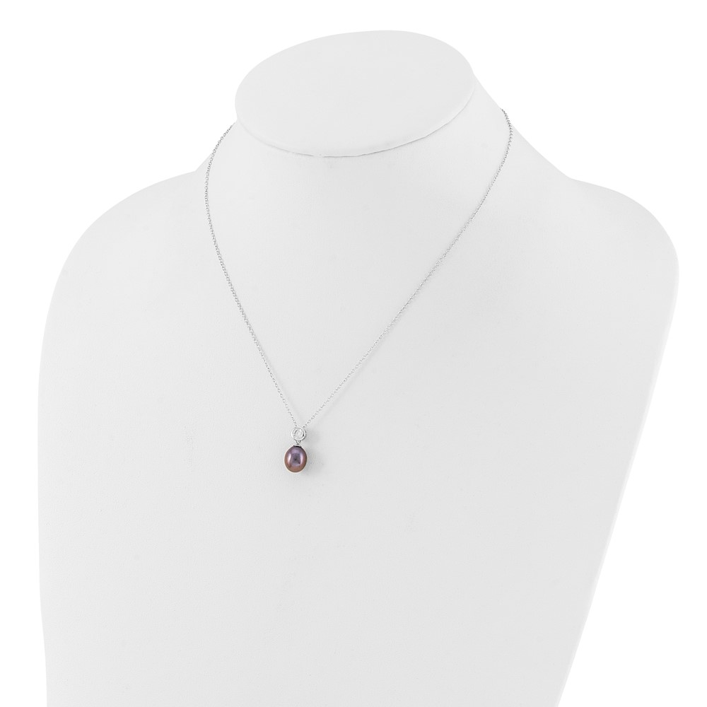 Sterling Silver Rhodium-plated 7-8mm Black Rice Freshwater Cultured Pearl and CZ 17 inch Necklace (QH5785B-17)