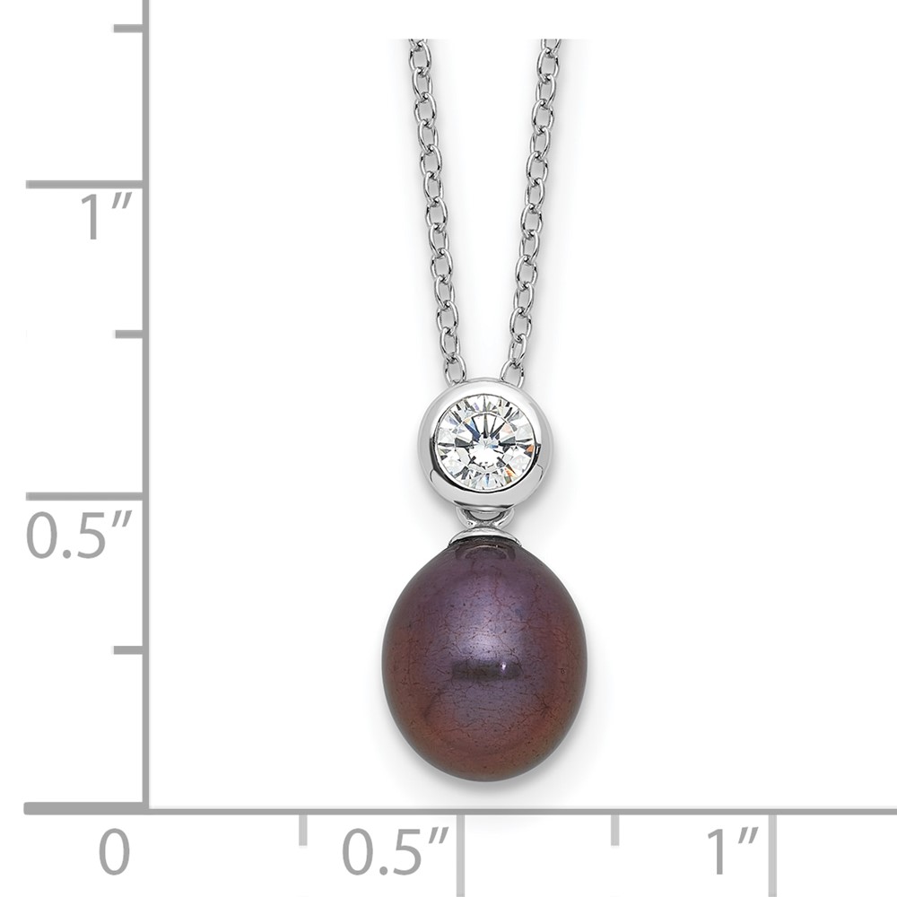 Sterling Silver Rhodium-plated 7-8mm Black Rice Freshwater Cultured Pearl and CZ 17 inch Necklace (QH5785B-17)