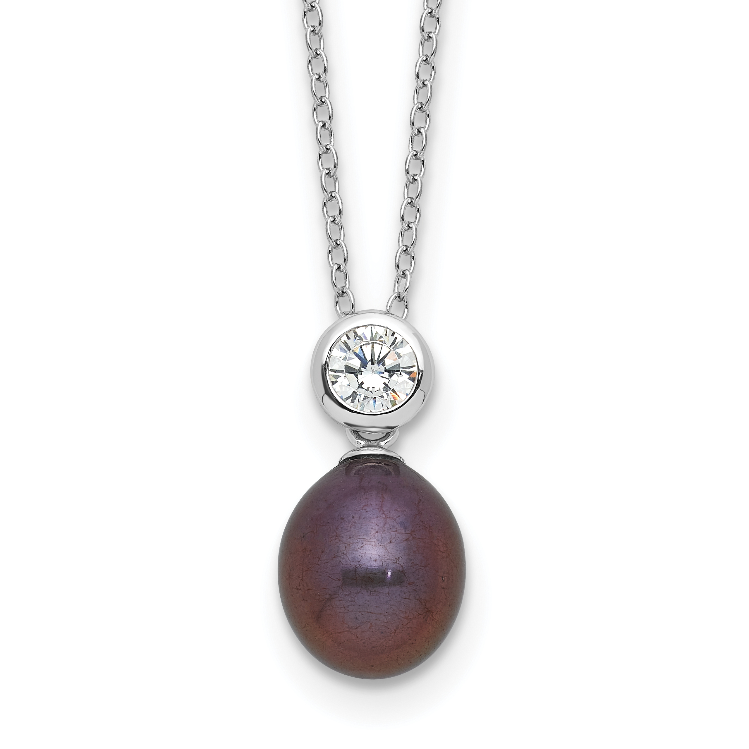 Sterling Silver Rhodium-plated 7-8mm Black Rice Freshwater Cultured Pearl and CZ 17 inch Necklace (QH5785B-17)