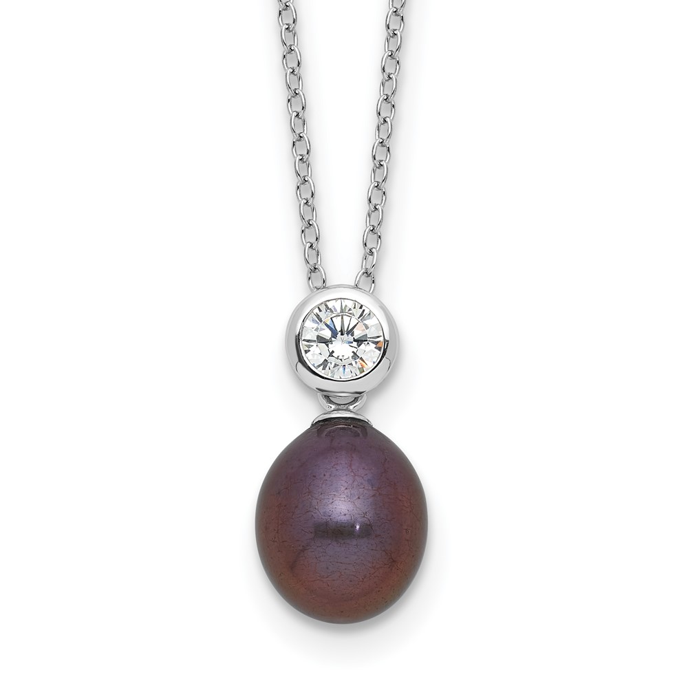 Sterling Silver Rhodium-plated 7-8mm Black Rice Freshwater Cultured Pearl and CZ 17 inch Necklace (QH5785B-17)