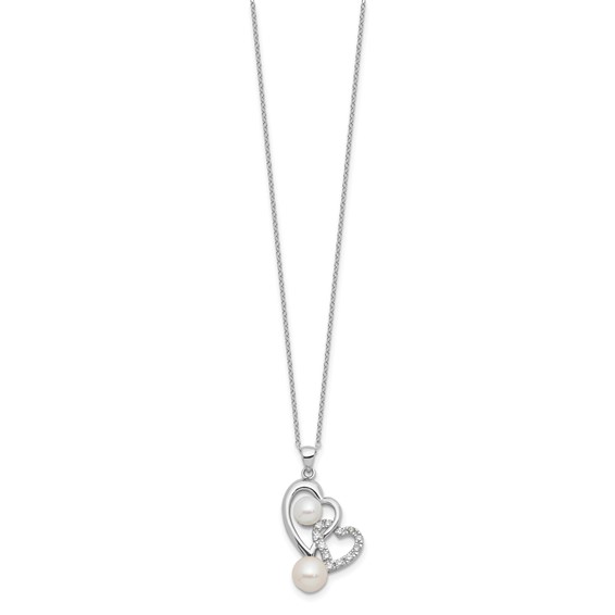 Sterling Silver Rhodium-plated 6-7.5mm White Button Freshwater Cultured Pearl and CZ Double Heart 17 inch Necklace