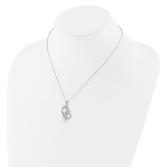 Sterling Silver Rhodium-plated 6-7.5mm White Button Freshwater Cultured Pearl and CZ Double Heart 17 inch Necklace